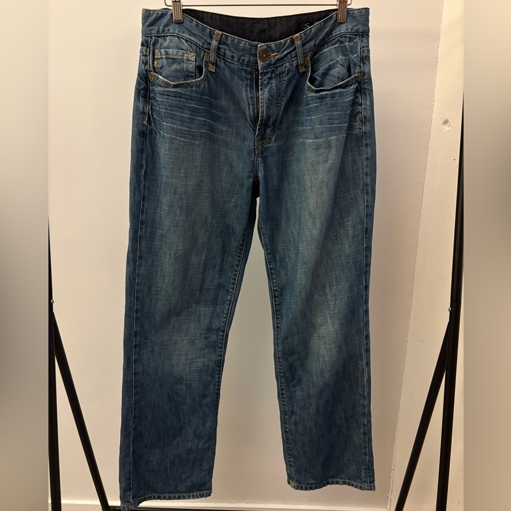 Seven 7 Men’s Denim Jeans Y2K Wide Leg Boot Cut Washed/Distressed Blue 34/32